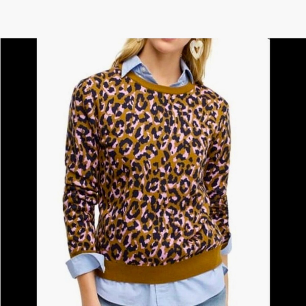 J. Crew Leopard Print Crewneck Sweater In Mod Leopard Bronzed Moss Pink, Size XS